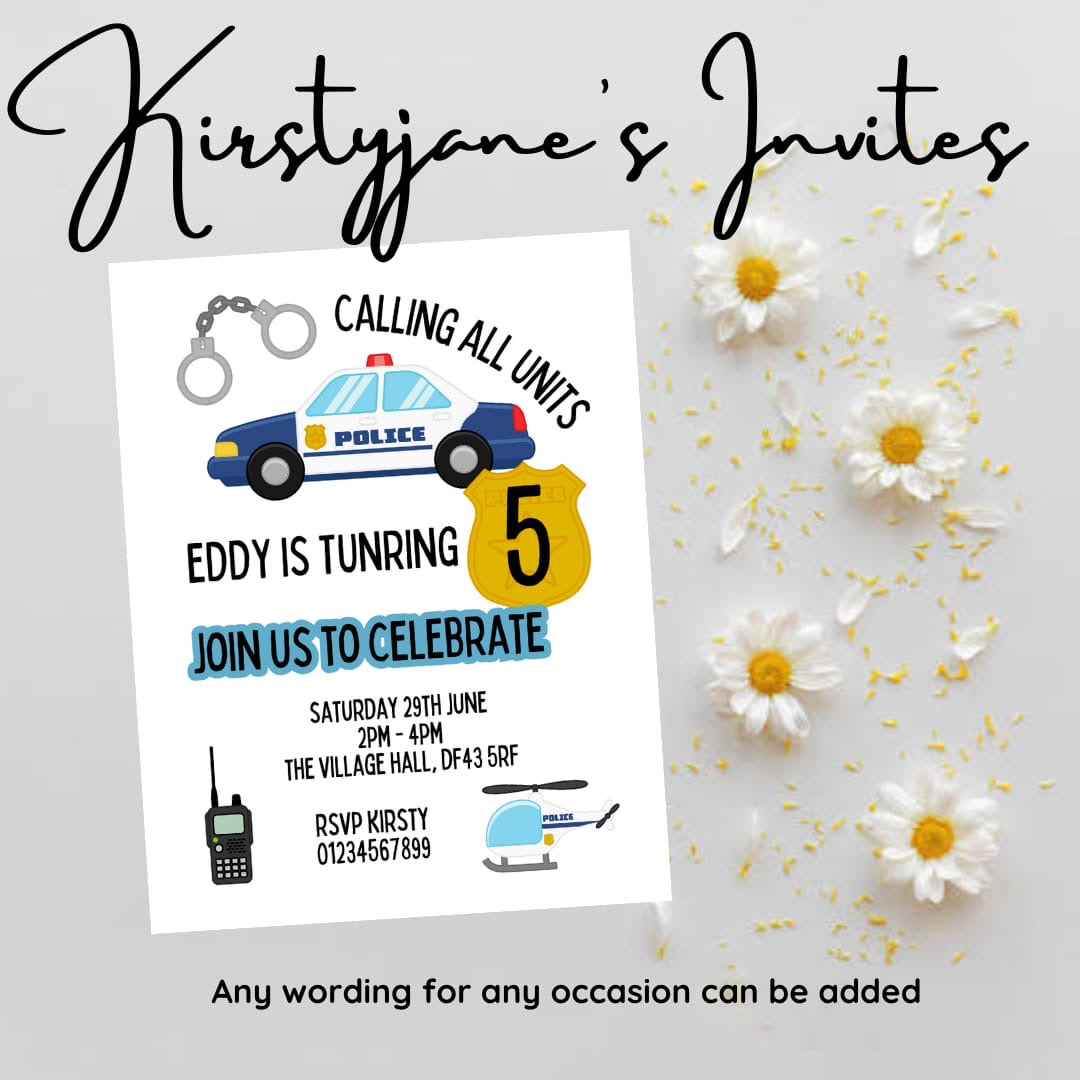 Personalised kids Boys police car birthday party invitations