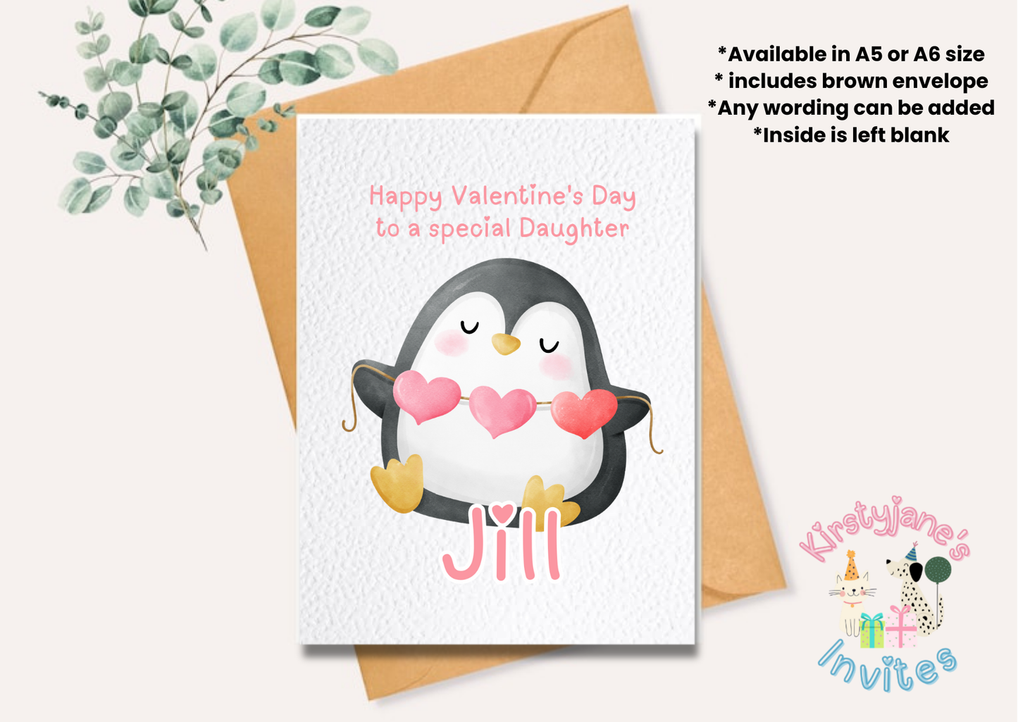 Personalised Valentine's Day greetings card penguin