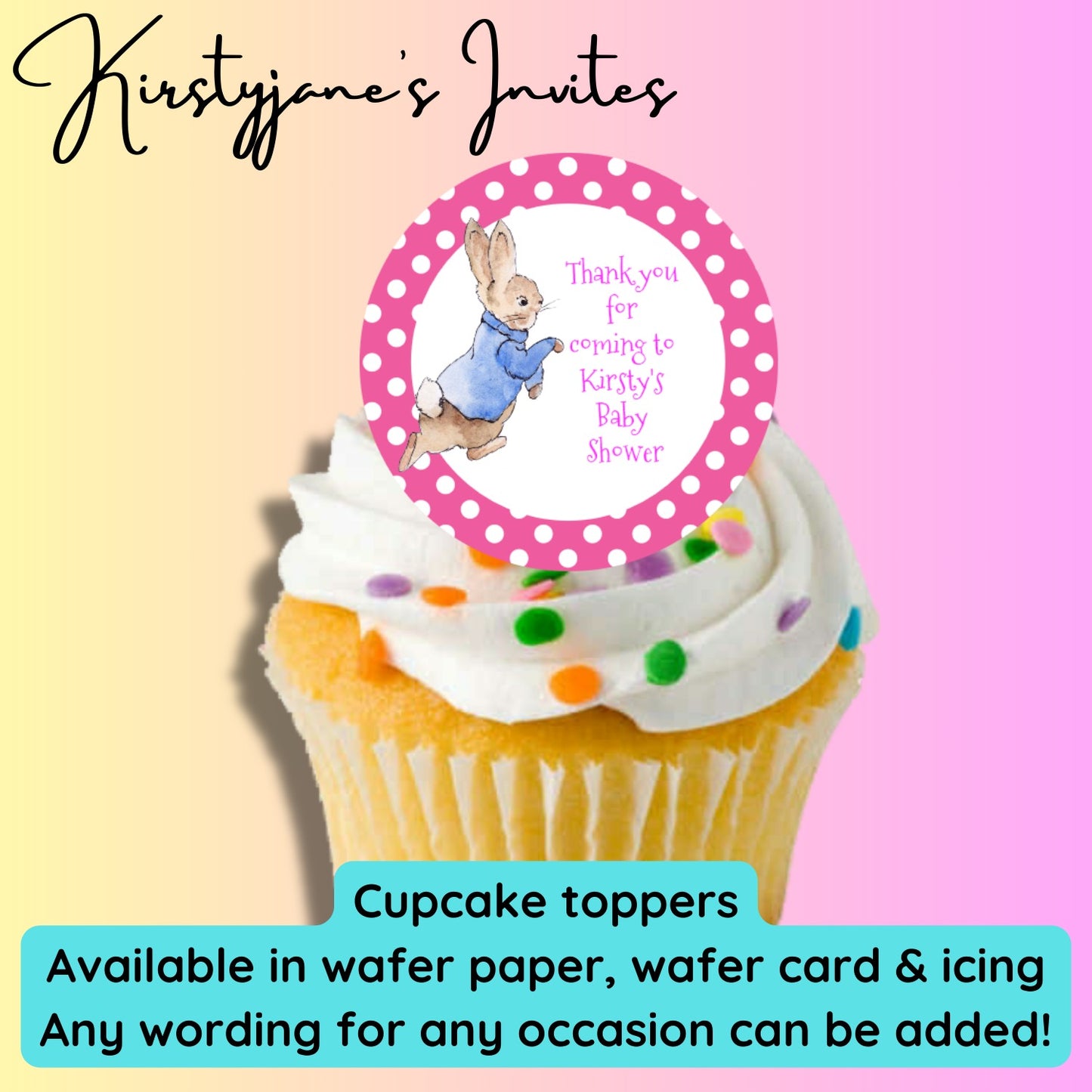 Personalised cupcake toppers Peter rabbit pink