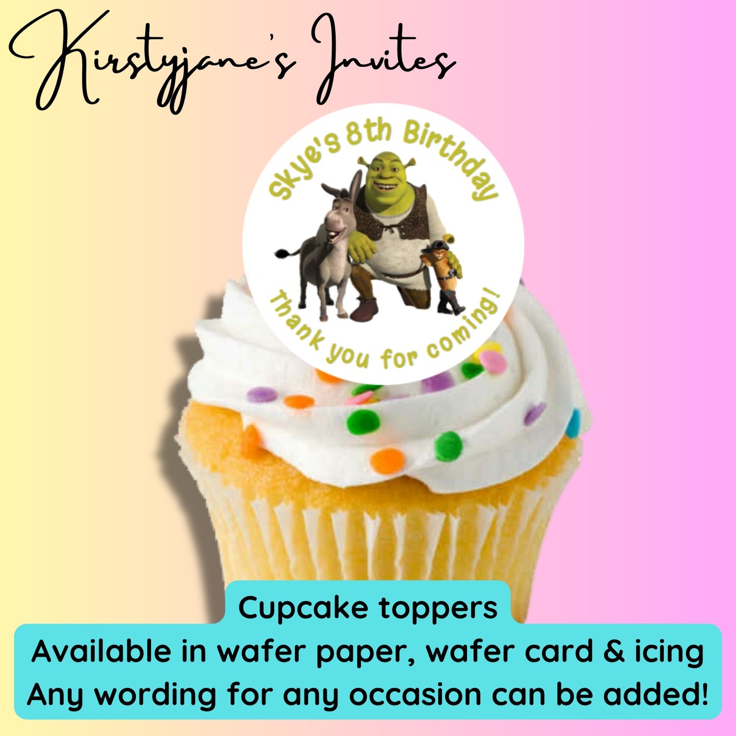Personalised cupcake toppers Shrek donkey puss in boots