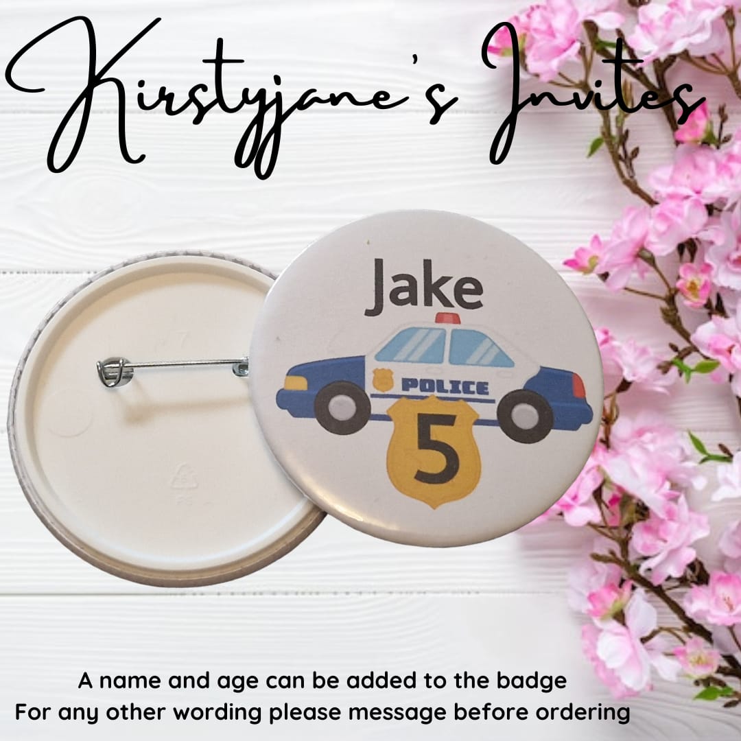 Personalised police car age name birthday badge