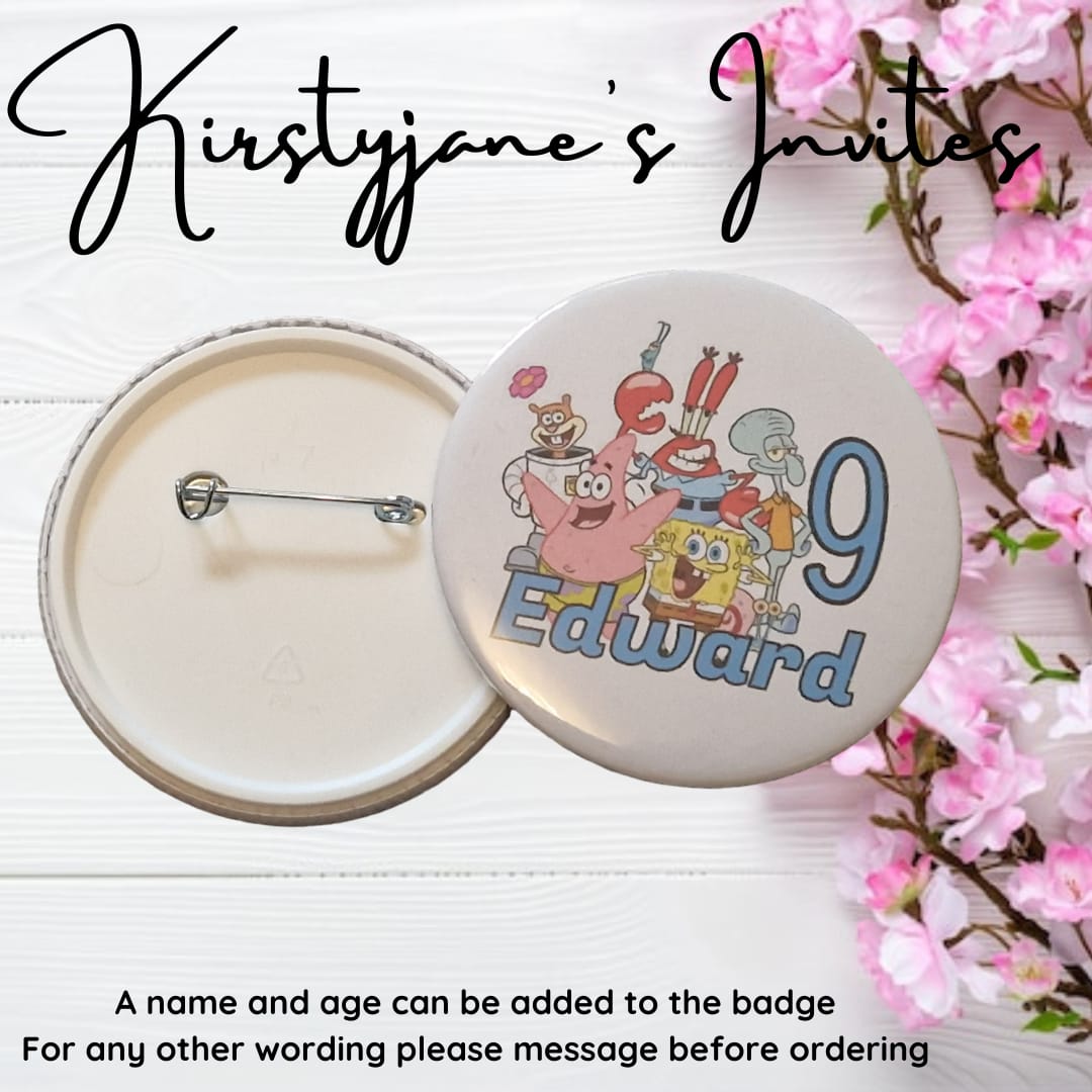 Personalised sponge bob child kids age name birthday badge