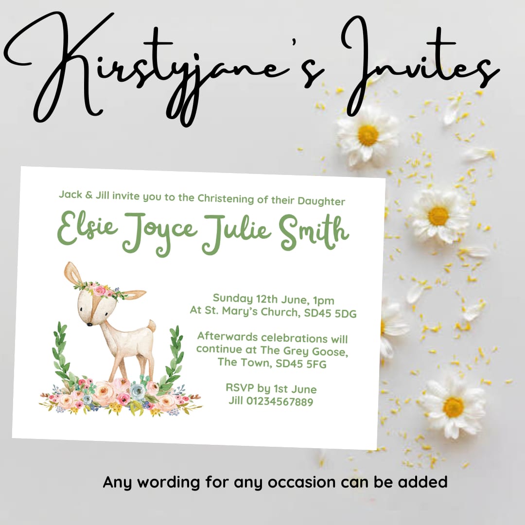 Personalised child Deer Christening party invitations
