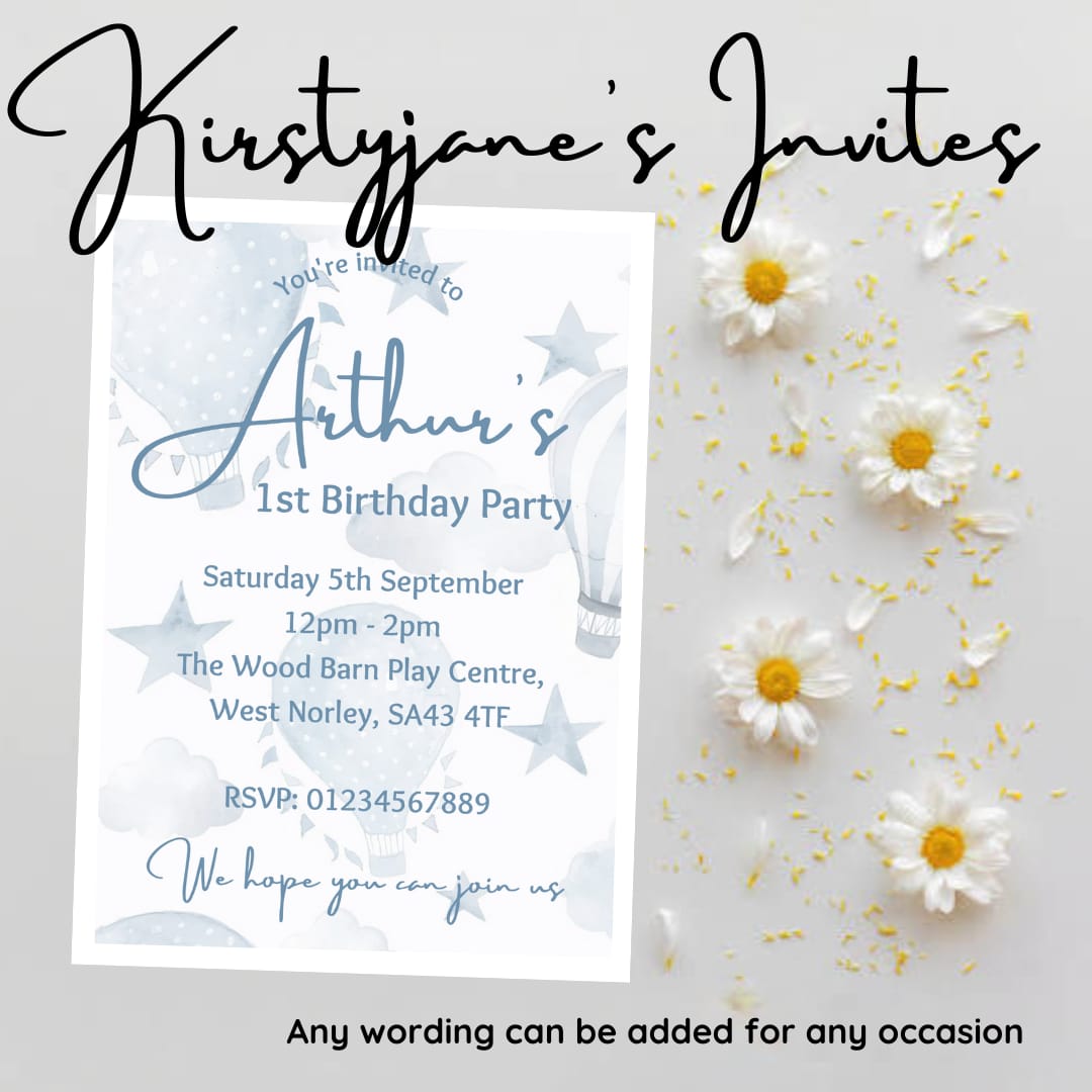 Personalised hot air balloon child party birthday invitations