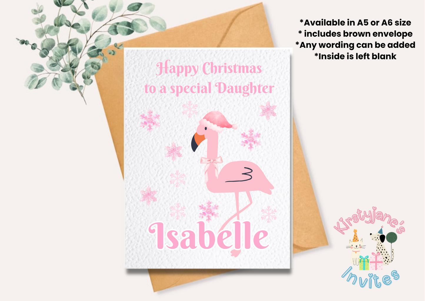 Christmas xmas greetings card Girls Pink Flamingo