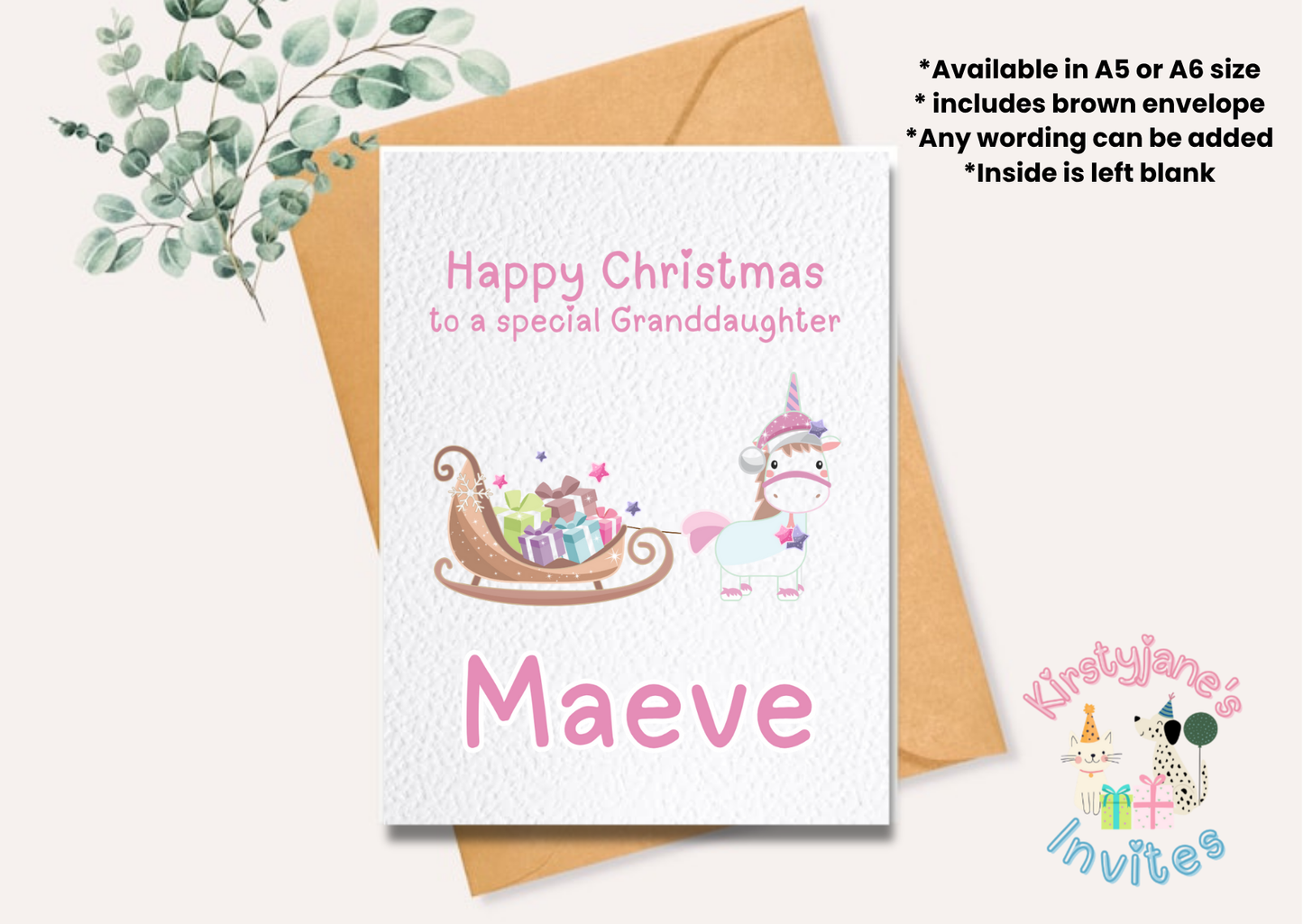 Christmas xmas greetings card Pink Girls Unicorn
