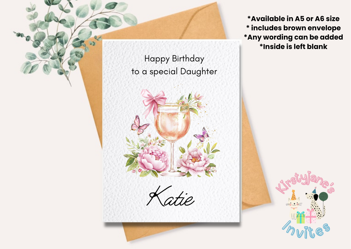 Birthday greetings Card Womens Wine Flowers butterfly 18th 21st 30th 40th 50th 60th 70th 80th