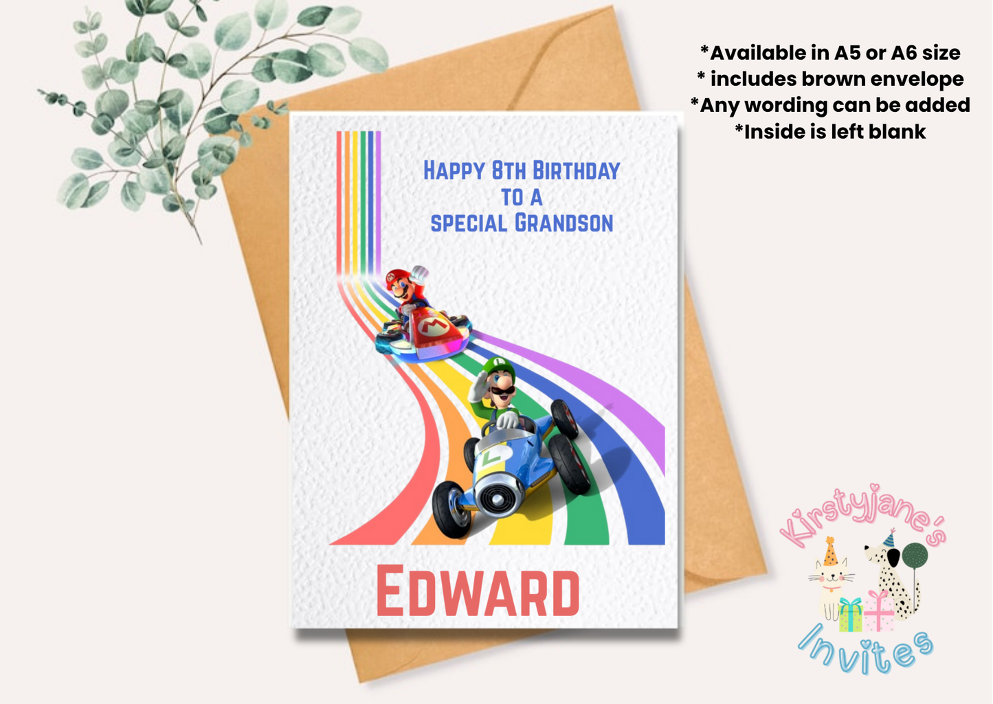 Birthday greetings card Super Mario Kart Luigi