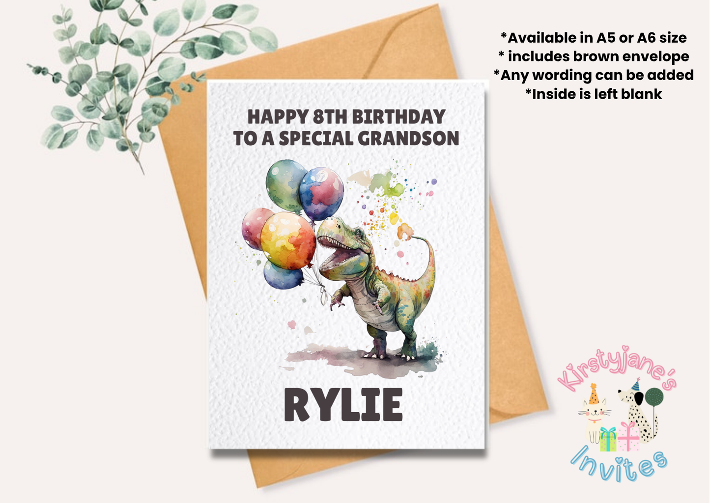 Birthday greetings card dinosaur & balloons