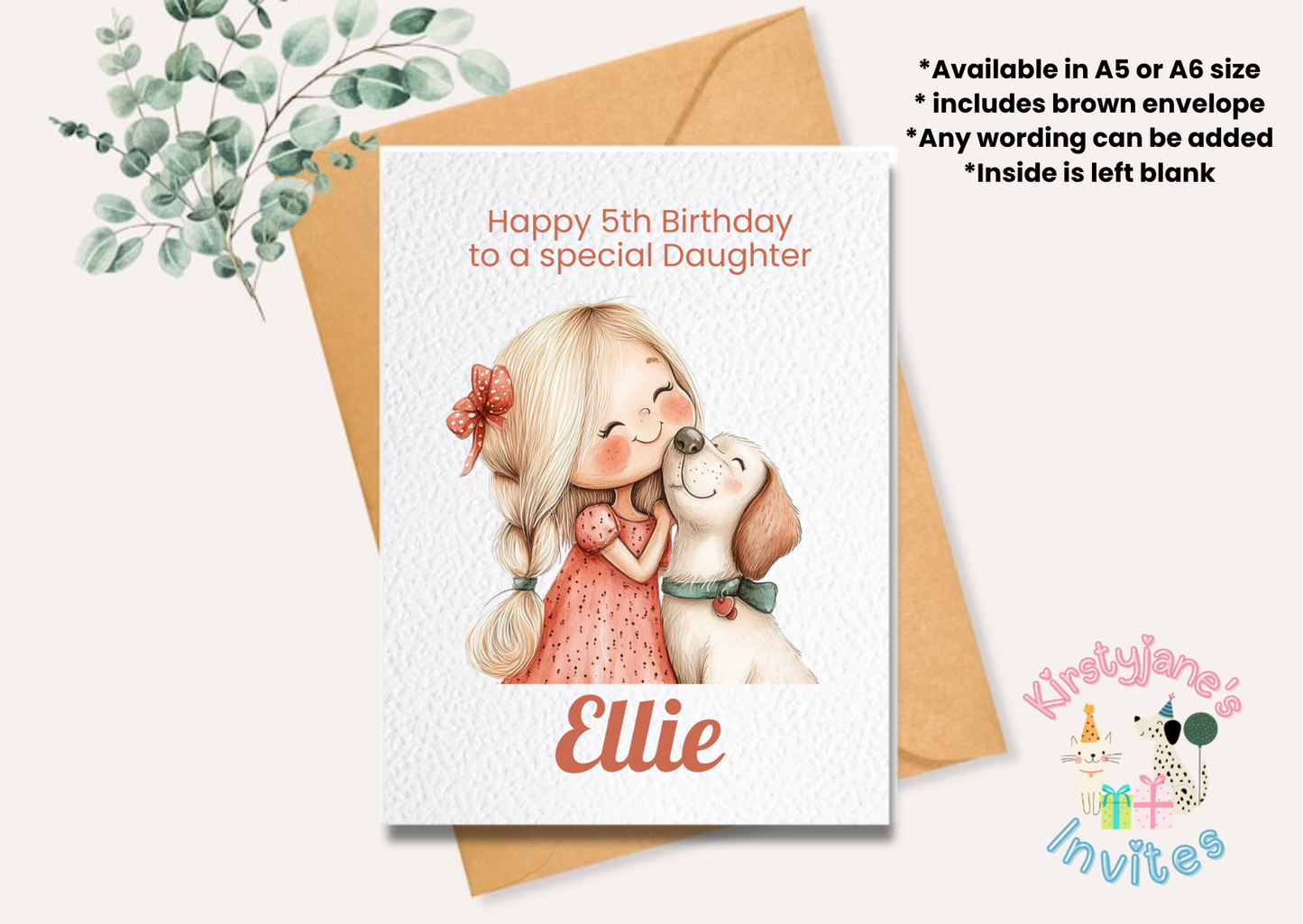 Birthday greetings card girl princess dog