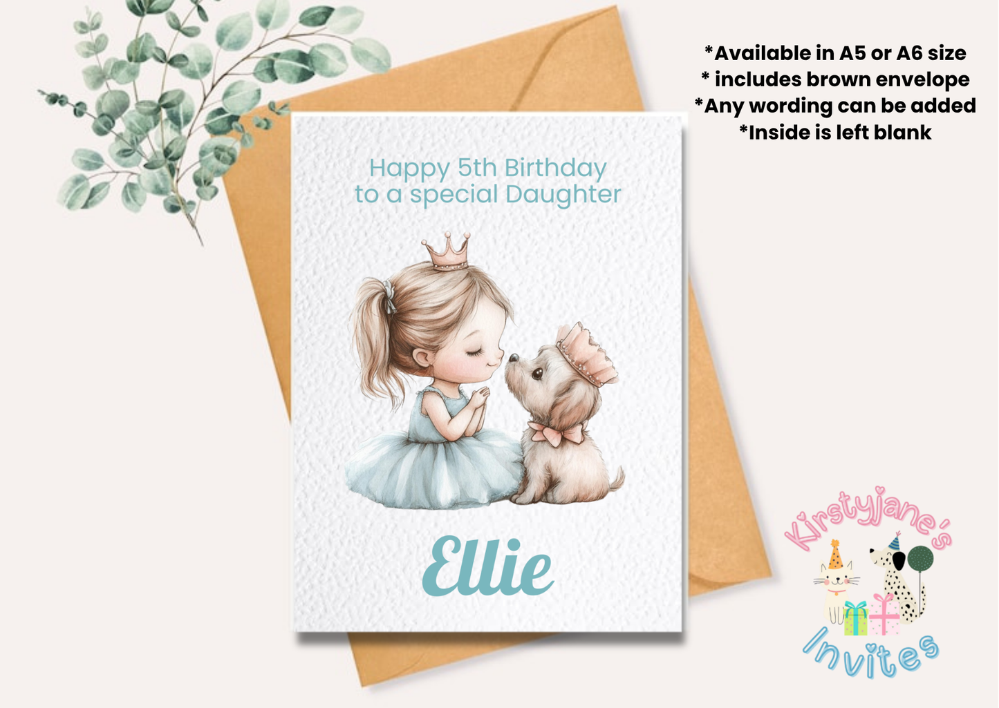 Birthday greetings card girl princess dog