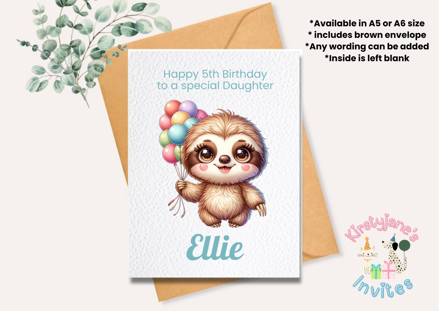 Birthday greetings card Sloth & balloons