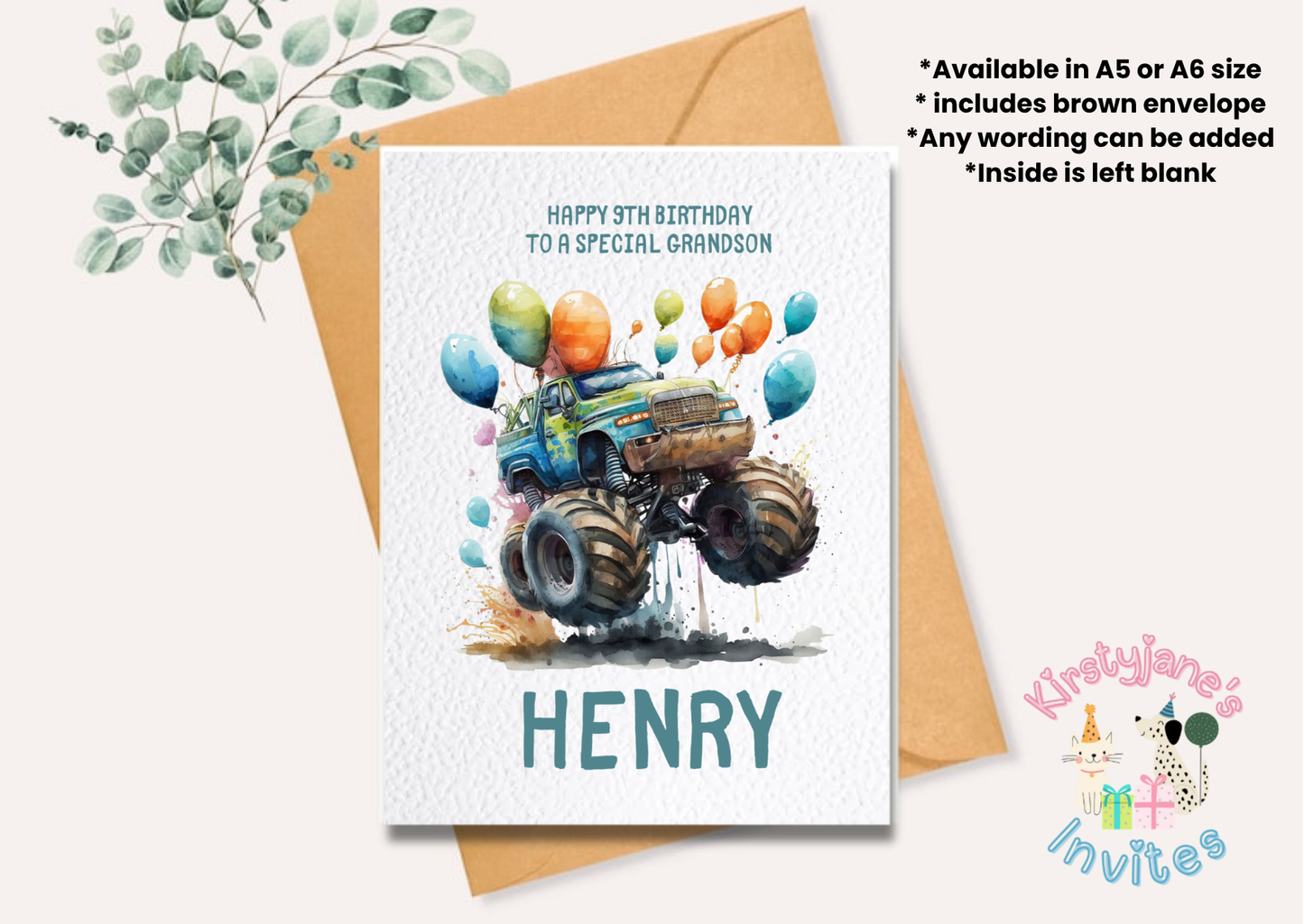 Birthday greetings card boys men's monster truck & balloons