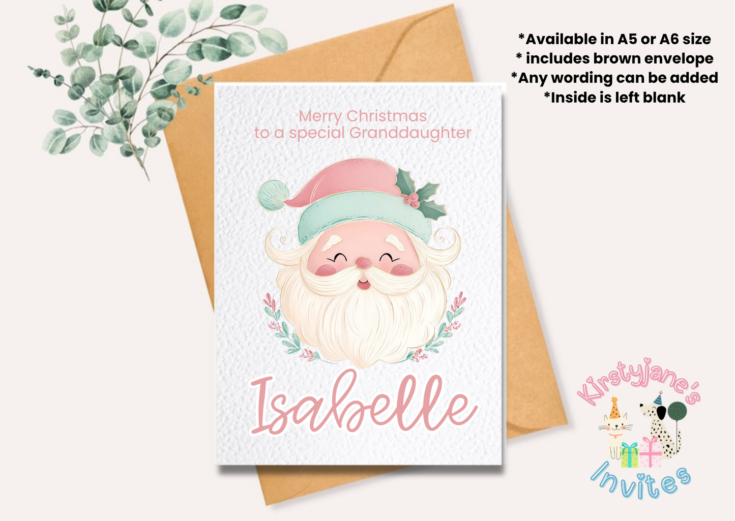 Christmas Xmas Birthday greetings card pink Santa Claus Father christmas