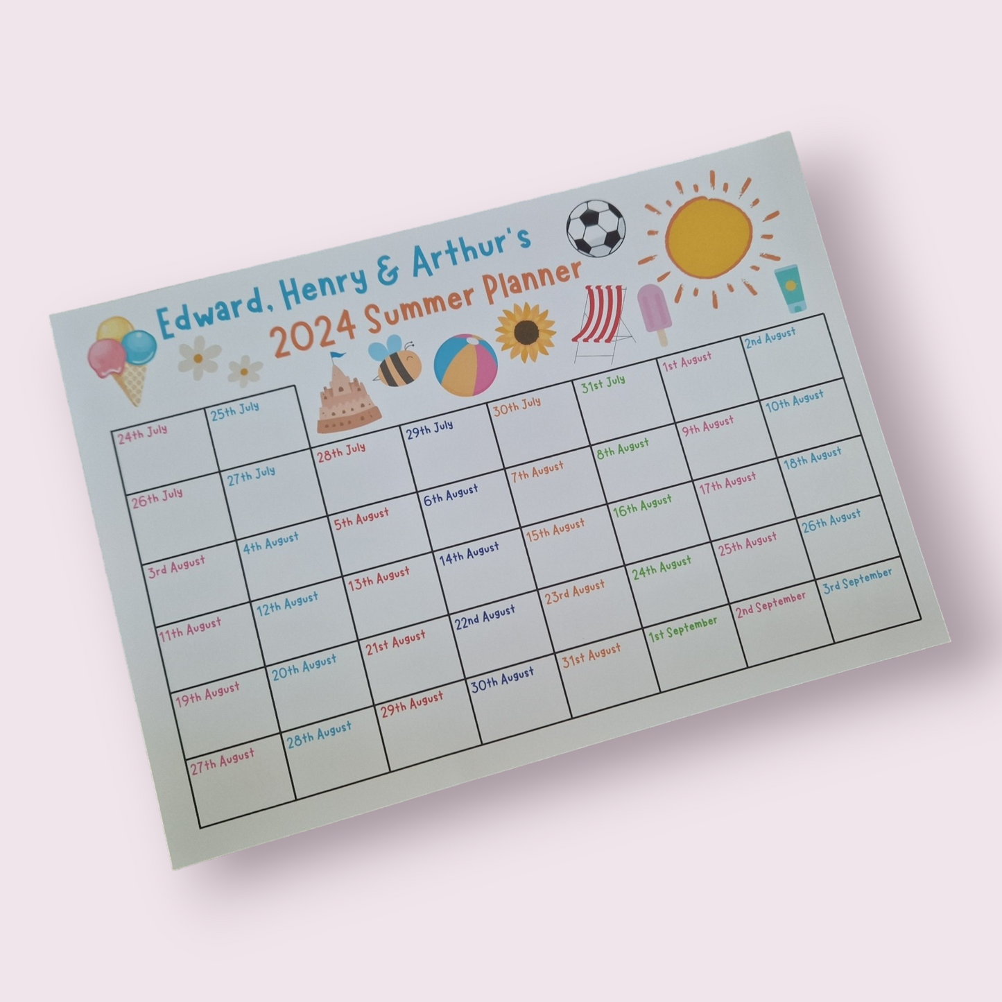 Personalised summer planner wall chart