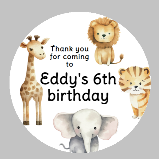 Personalised birthday party Zoo Animals stickers