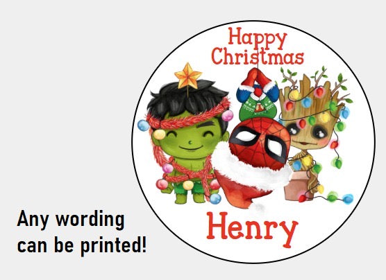 Personalised Christmas Xmas present stickers Spiderman Hulk & Groot