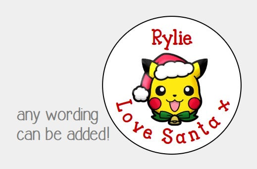 Personalised Christmas Xmas presents stickers pokemon pikachu Santa hat