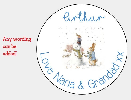Personalised Christmas Xmas presents stickers Peter rabbit snowman