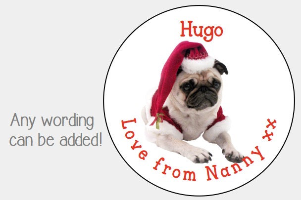 Personalised Christmas Xmas presents stickers pug in Santa hat