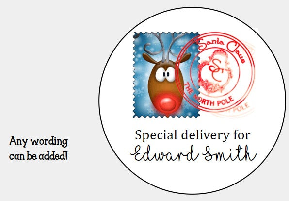 Personalised Christmas Xmas presents stickers Rudolph stamp