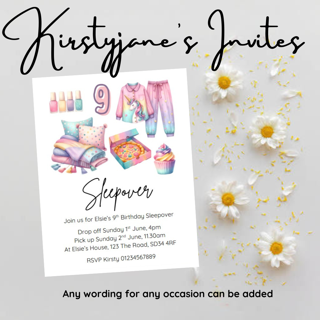 Personalised kids Boys girls birthday party invitations sleepover slumber