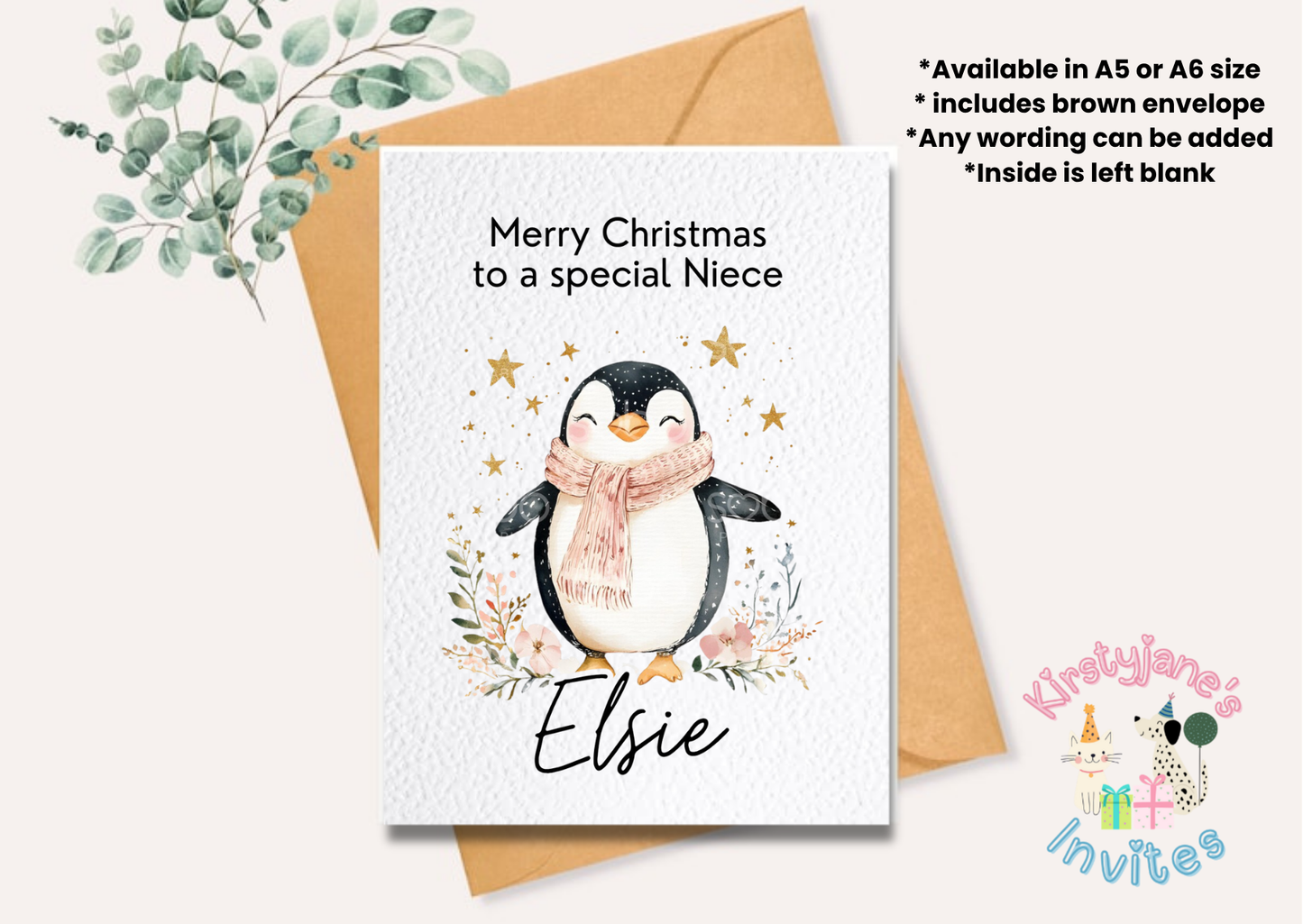 Christmas greetings card floral penguin cute girls 🐧