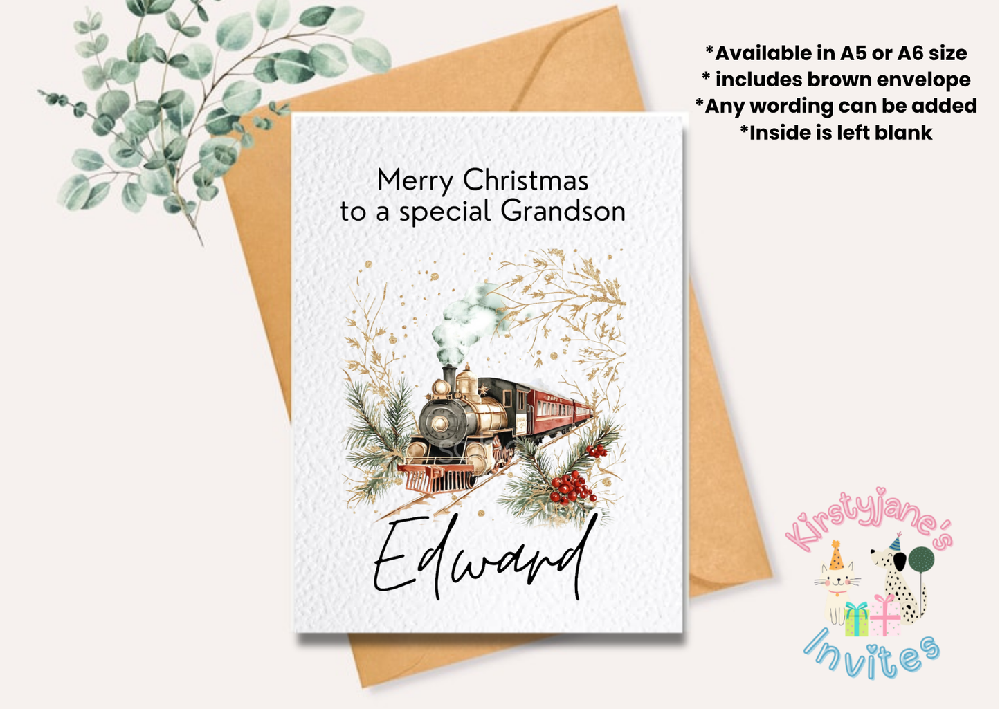 Christmas greetings card Polar Express train snow magical