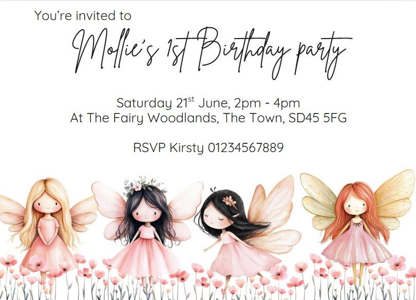 Personalised kids Boys girls birthday party invitations fairy fairies magical flowers