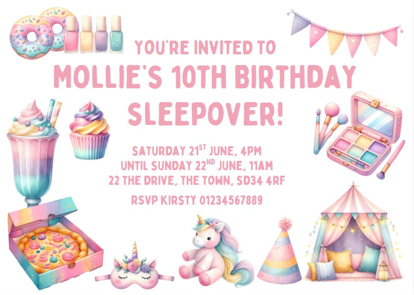 Personalised kids Boys girls birthday party invitations sleepover slumber