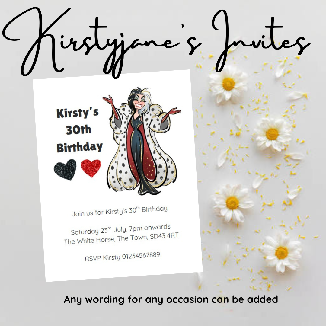 Personalised kids Boys girls birthday party invitations disney cruella villains