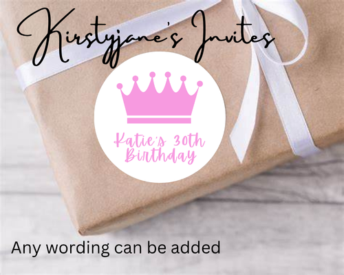 Personalised christmas Xmas stickers labels present tags birthday party bag pink crown princess queen