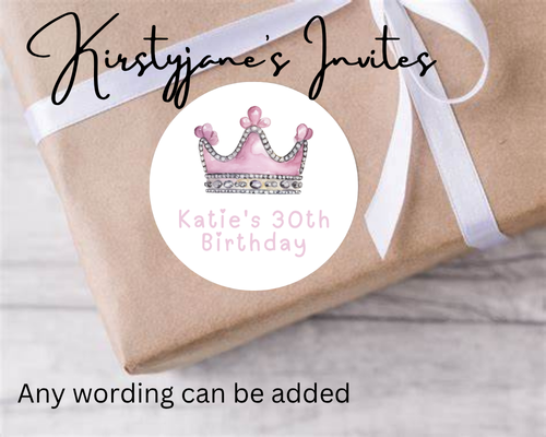 Personalised christmas Xmas stickers labels present tags birthday party bag pink crown princess queen