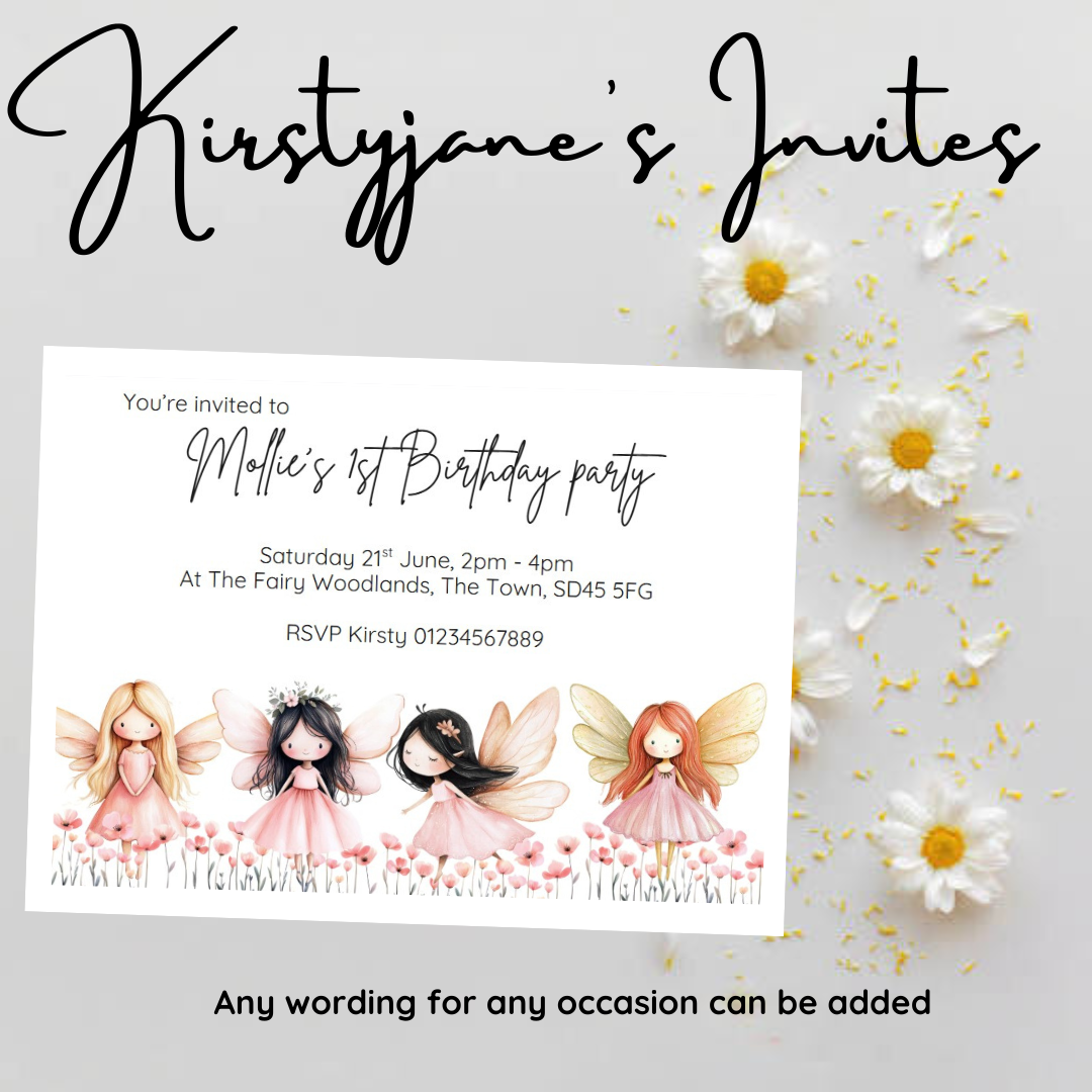 Personalised kids Boys girls birthday party invitations fairy fairies magical flowers