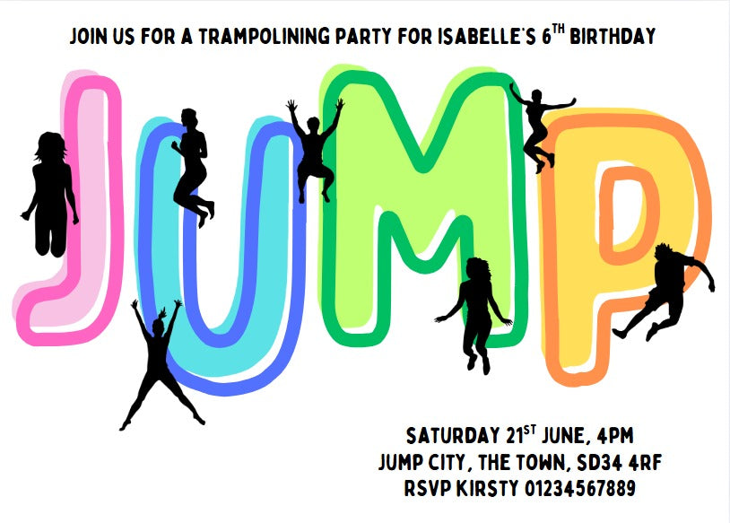 Personalised kids Boys girls birthday party invitations trampolining jump bounce