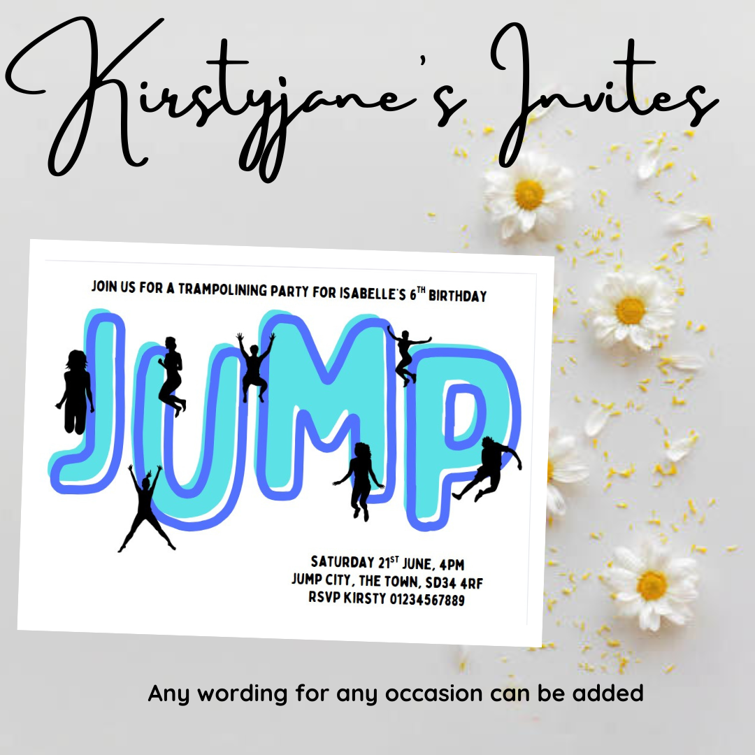 Personalised kids Boys girls birthday party invitations trampolining jump bounce