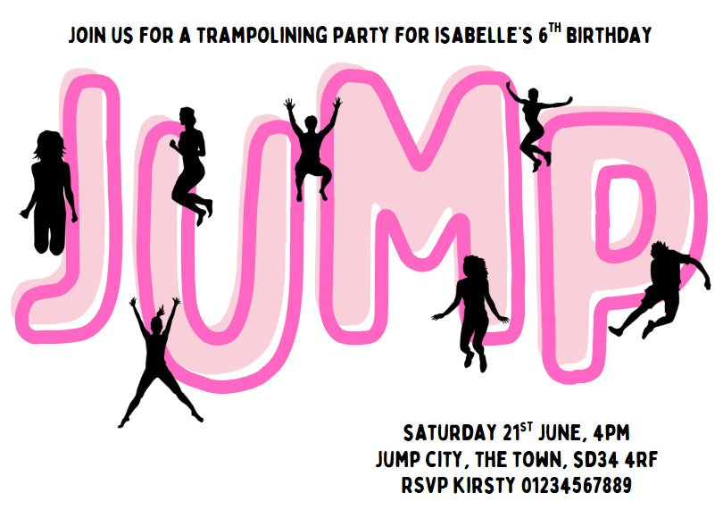 Personalised kids Boys girls birthday party invitations trampolining jump bounce