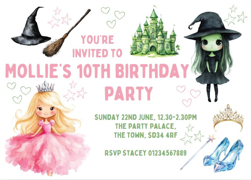 Personalised kids Boys girls birthday party invitations wicked Elphaba & Glinda