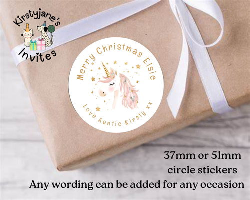 Personalised Christmas Xmas presents stickers Birthday Party Bag Favours unicorn