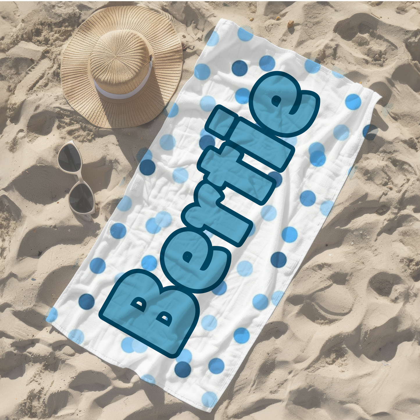 Personalised children's kid's towel women's mens blue spots polka dots spotty