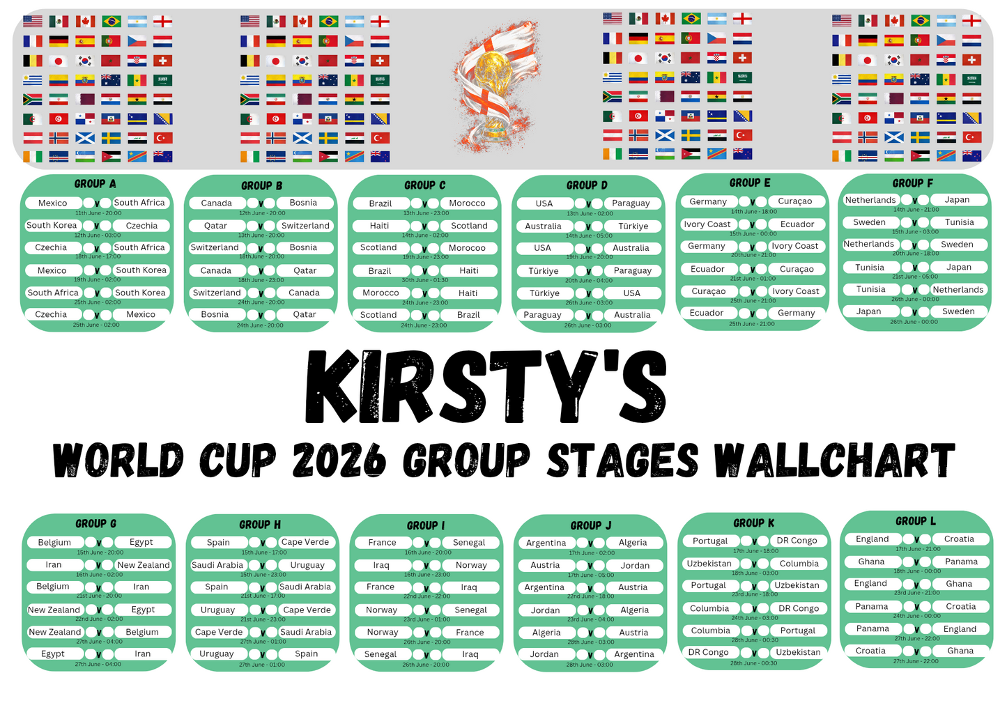 World cup 2026 wall chart planner - grey/green