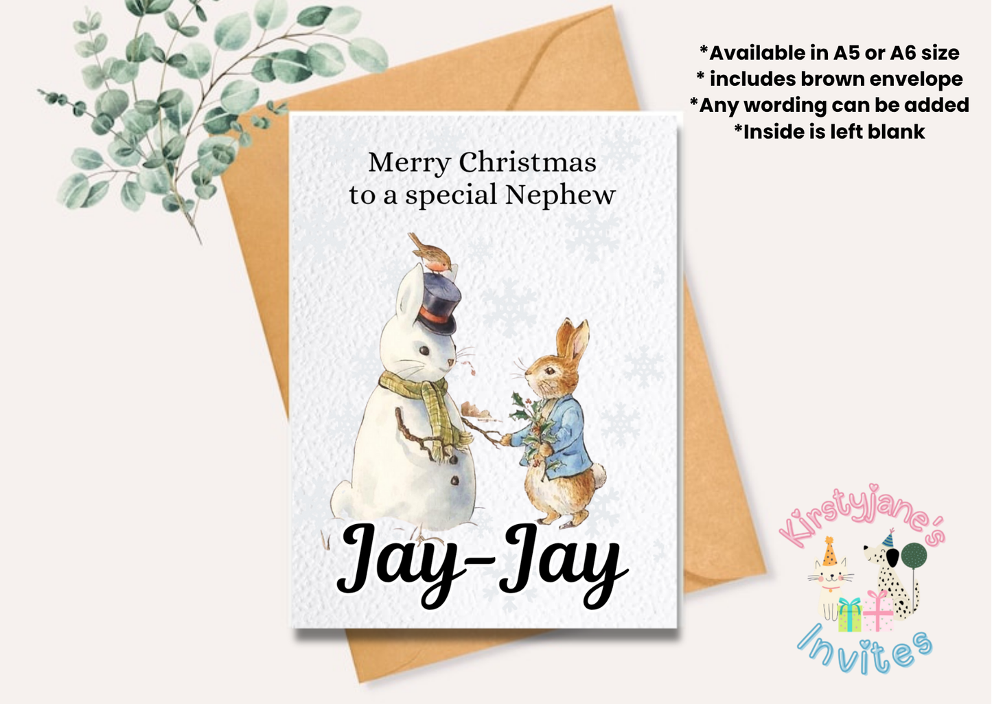 Christmas greetings card Peter Rabbit winter snowman