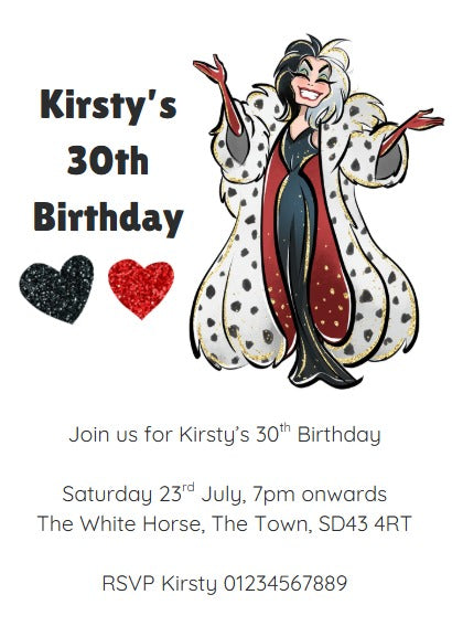 Personalised kids Boys girls birthday party invitations disney cruella villains