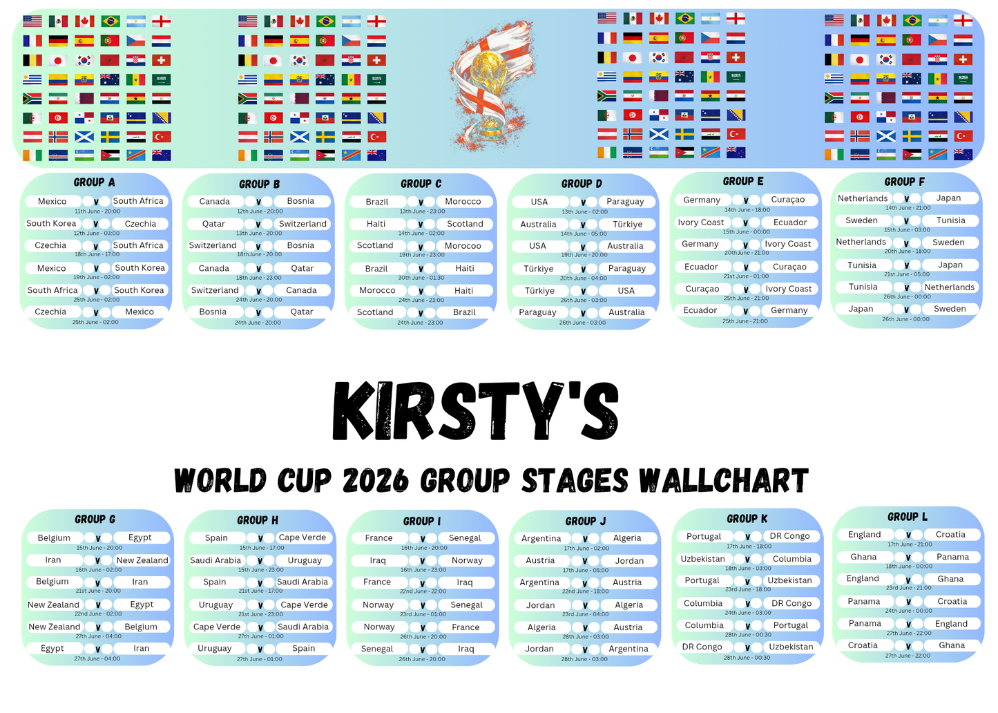 World cup 2026 wall chart planner - green/blue