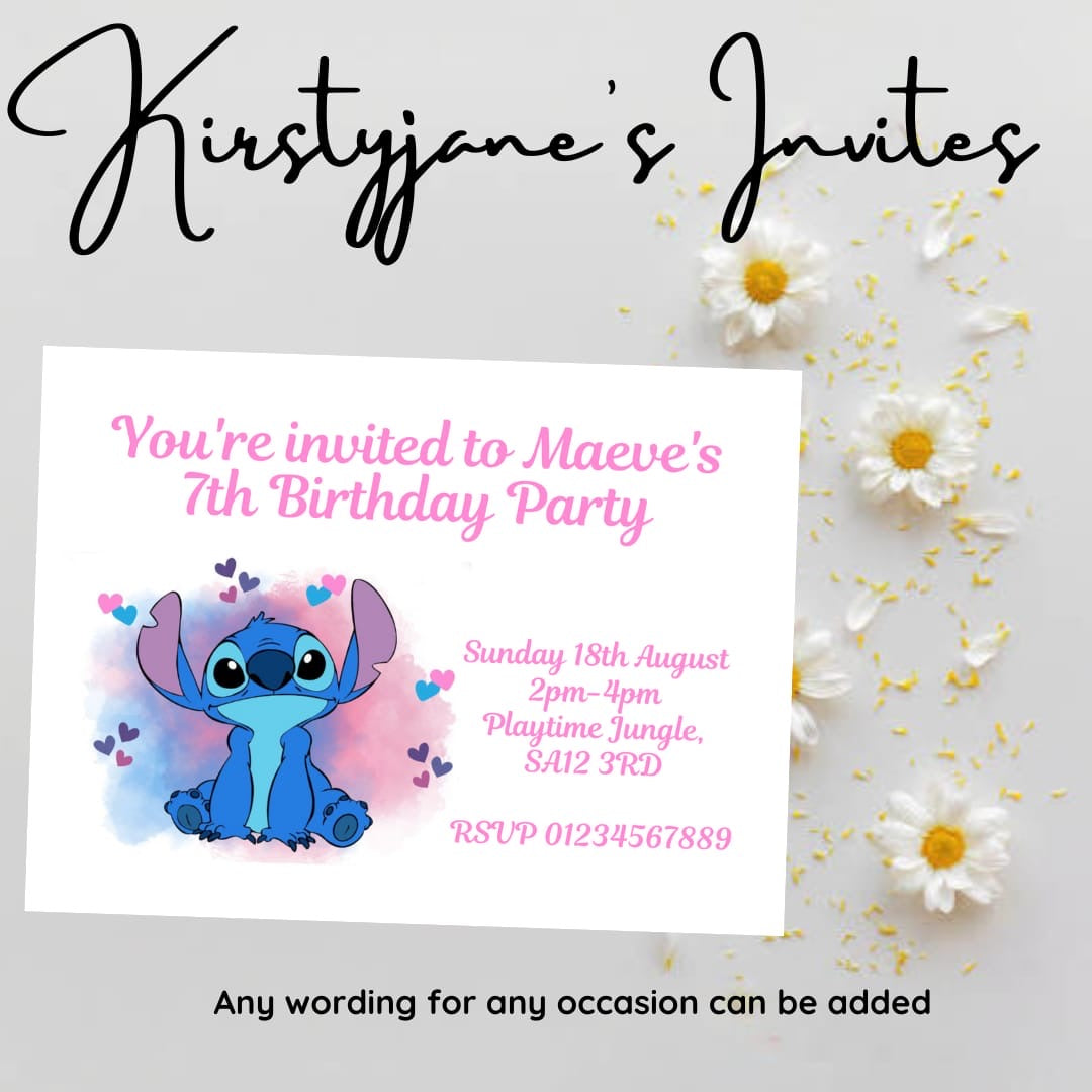Personalised kids stitch birthday party invitations