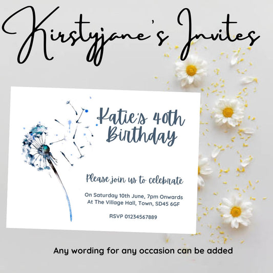 Personalised Dandelion party birthday invitations