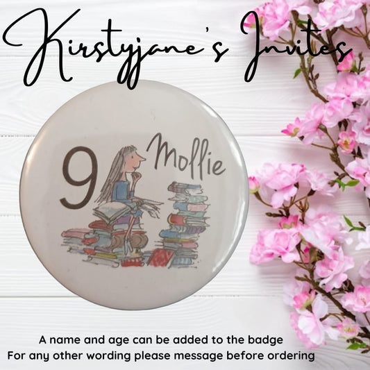 Personalised Roald Dahl Matilda birthday badge