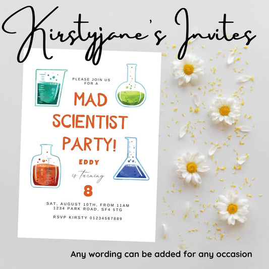 Personalised kids scientist  birthday party invitations