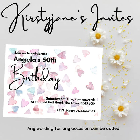 Personalised Hearts girls women’s party birthday invitations