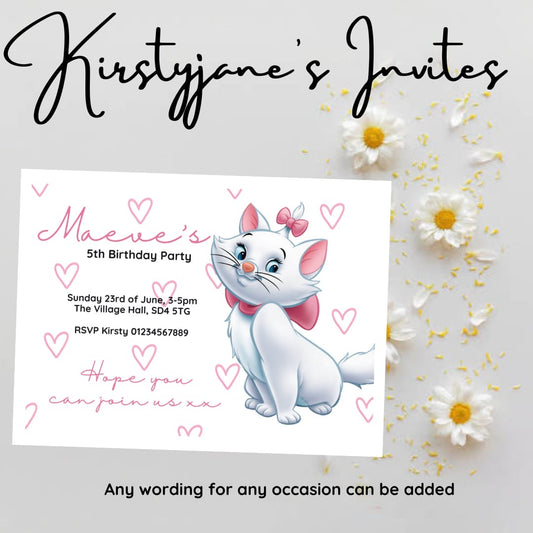 Personalised kids Marie cat birthday party invitations